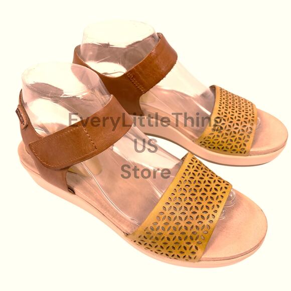 Pikolinos Mykonos Platform Wedge Sandals 39 8.5 Perforated Leather Shoes Yellow - Picture 2 of 11